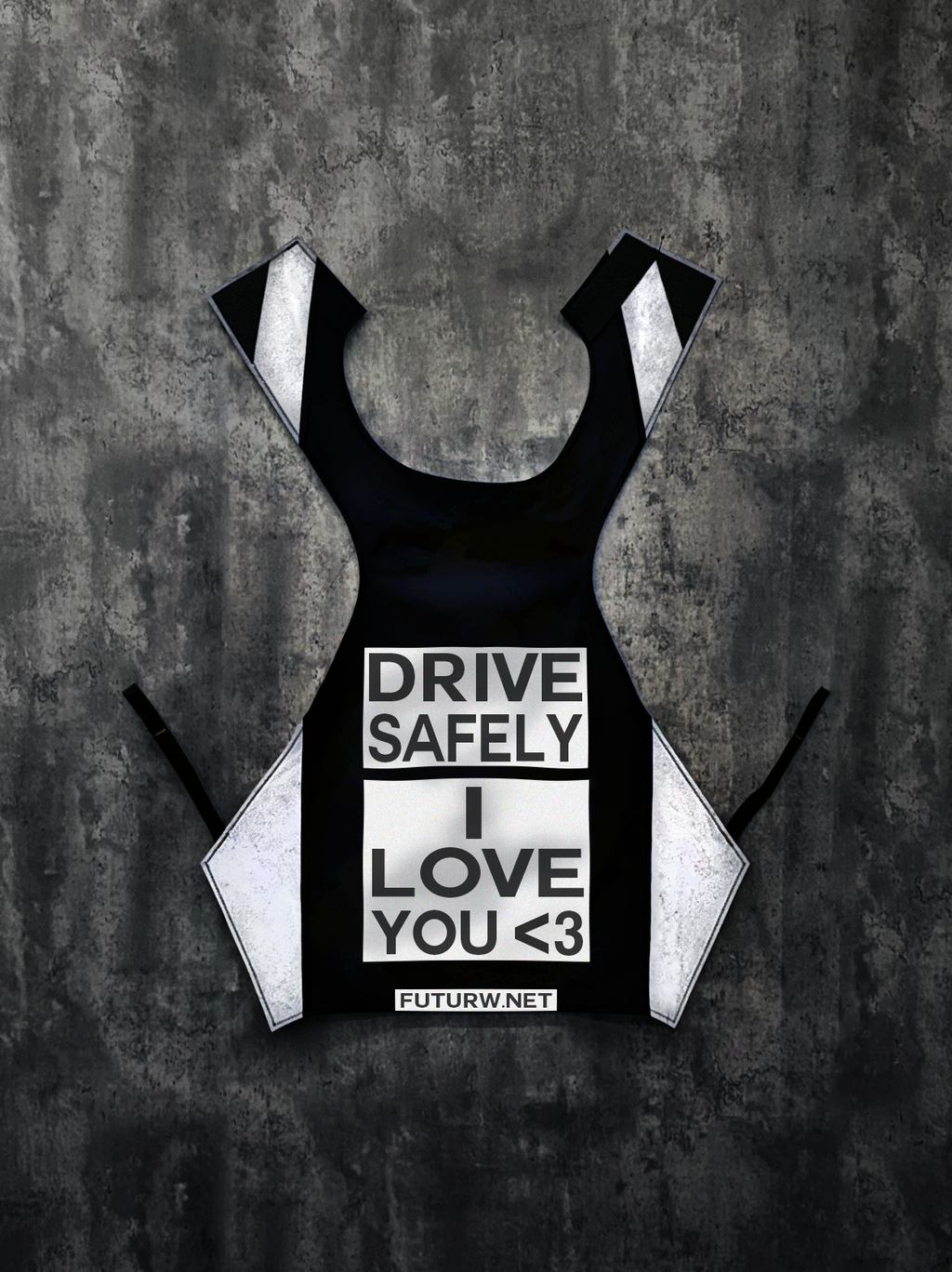 A black and white geometric tank top with the text 'DRIVE SAFELY I LOVE YOU <3' and 'FUTURW.NET' printed on the front, displayed against a textured dark gray background.