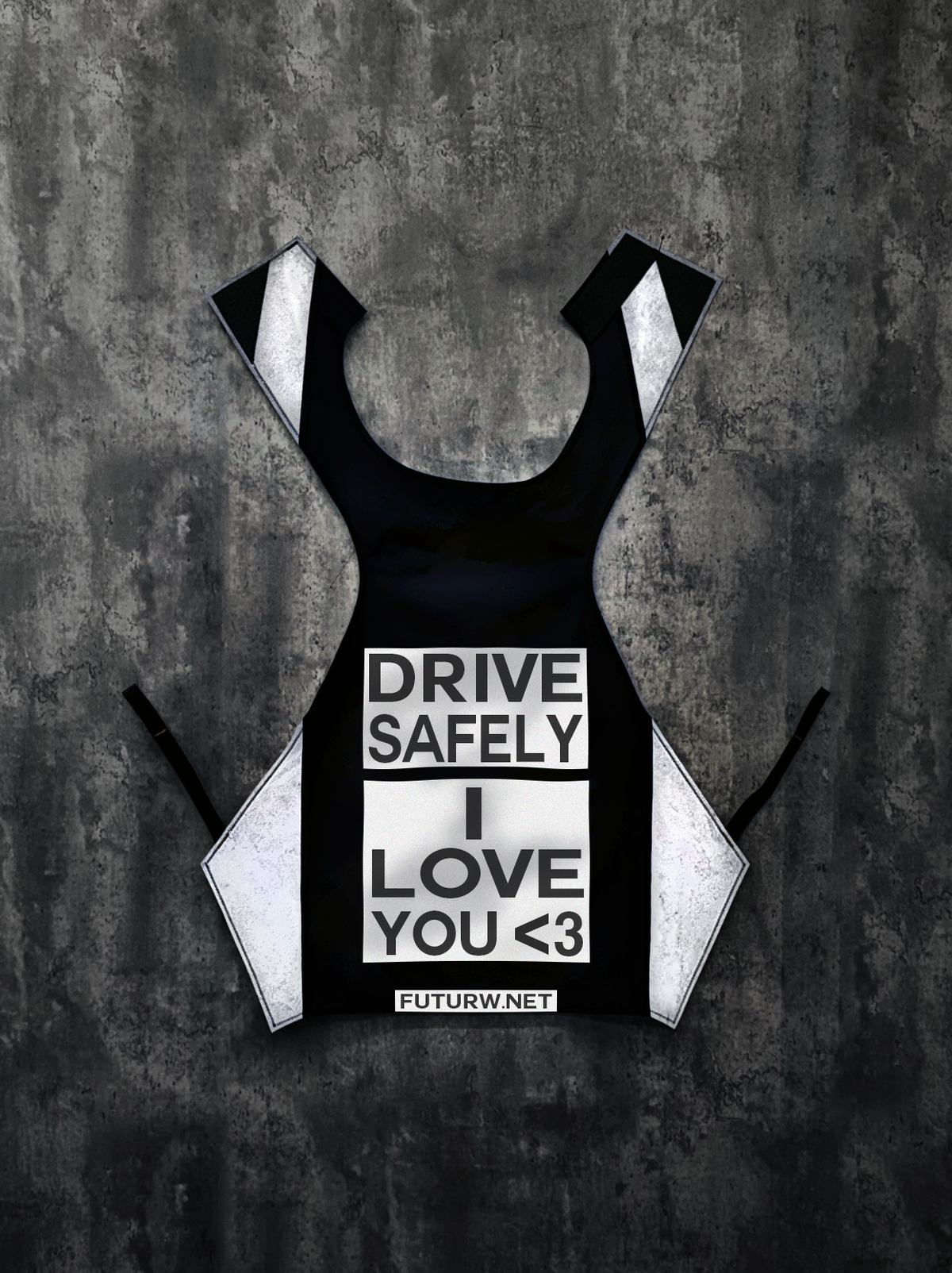 A black and white geometric tank top with the text 'DRIVE SAFELY I LOVE YOU <3' and 'FUTURW.NET' printed on the front, displayed against a textured dark gray background.